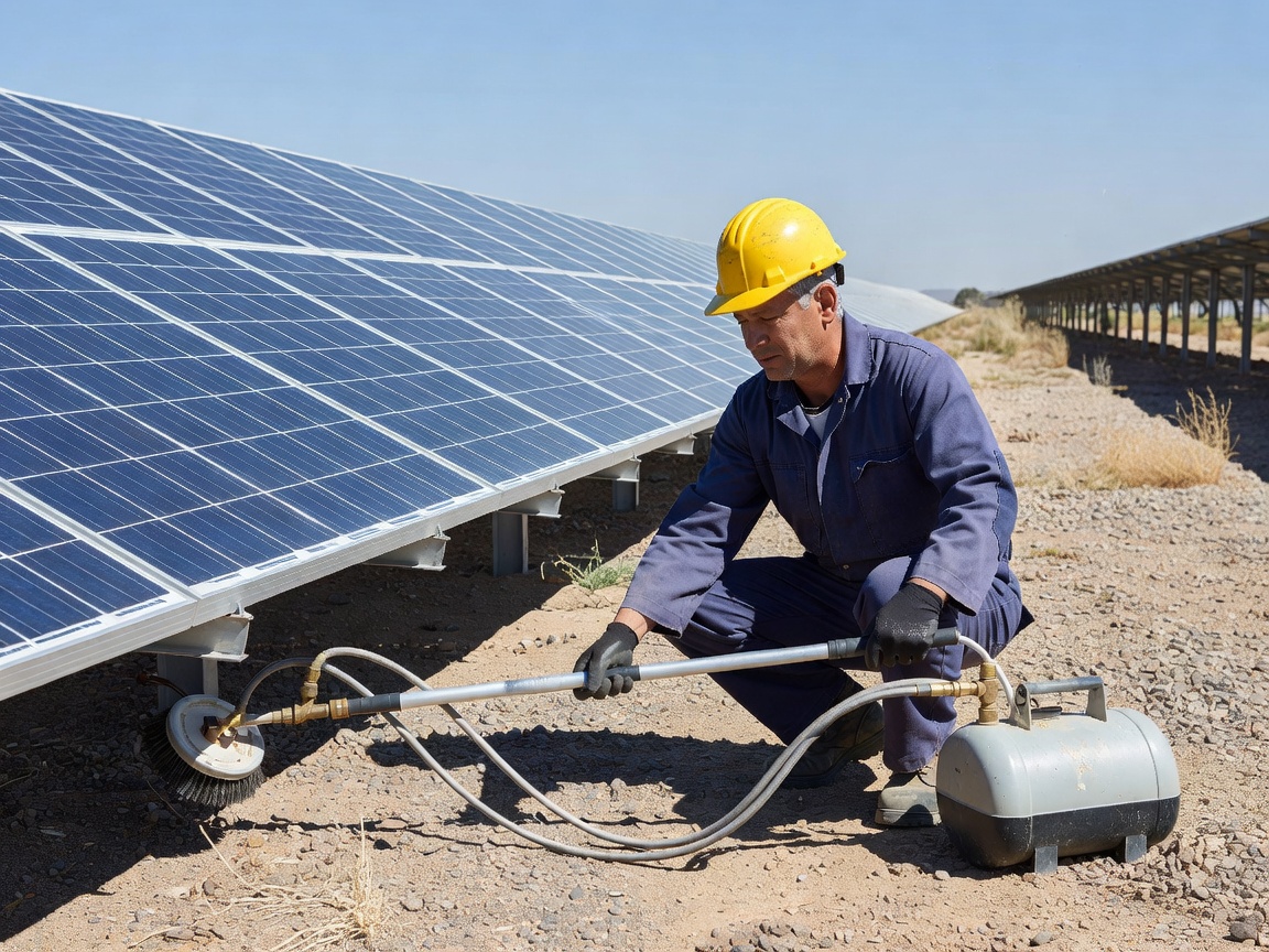 Technician checking solar cleaning equipment beside a module row