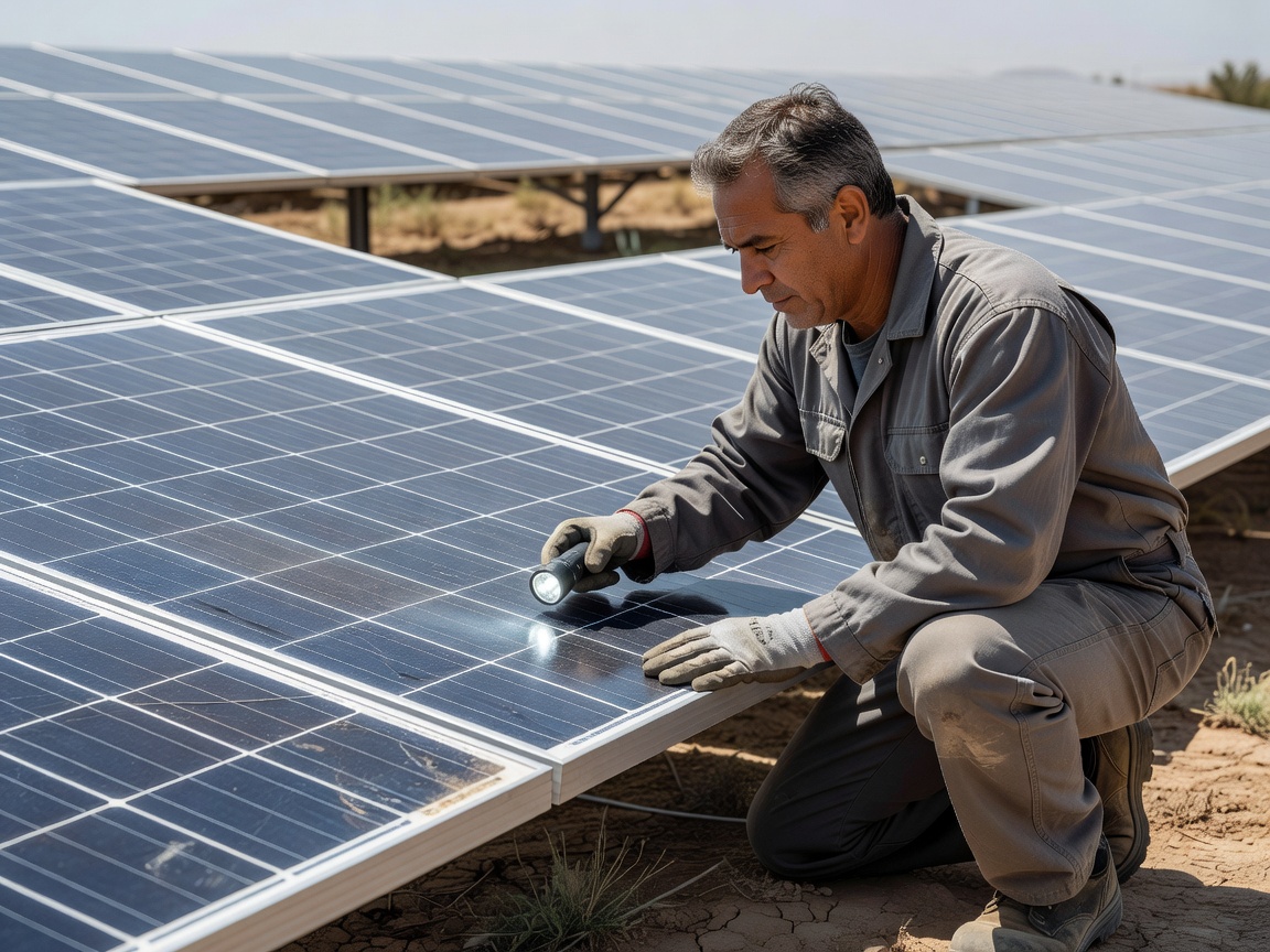 Solar technician examining module surfaces and array details in daylight
