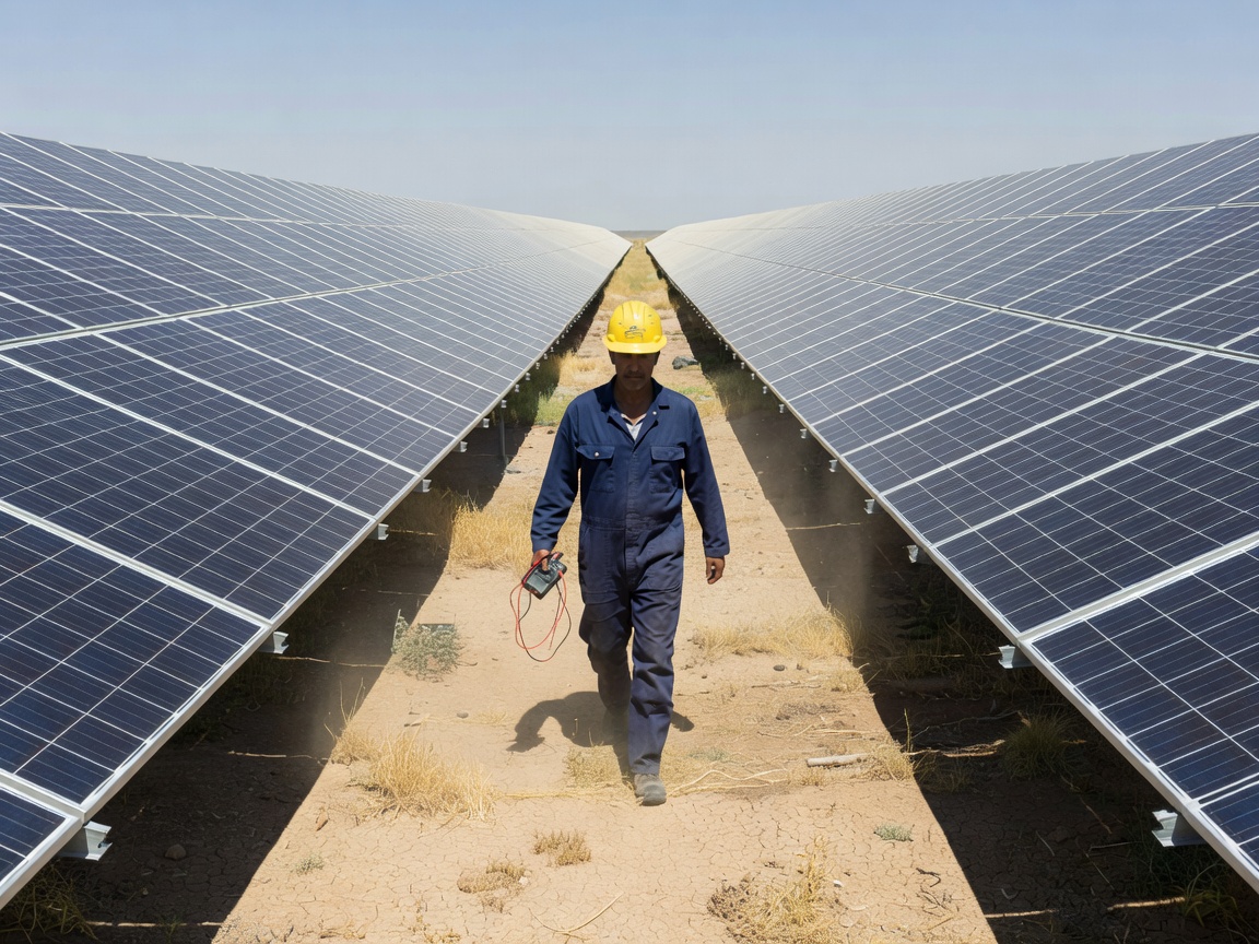 Solar technician walking between utility-scale panel rows in natural light